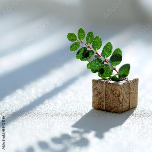Small green plant in a burlap wrapped cube with sunlight and shadow patterns