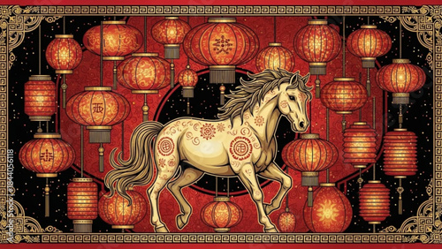 Golden horse with traditional Chinese lanterns symbolizing good fortune and celebration perfect for Lunar New Year and festive designs