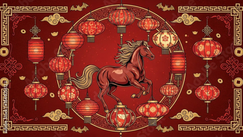 Chinese New Year horse illustration with red lanterns and traditional ornaments symbolizing good fortune and celebration perfect for festive marketing and cultural designs
