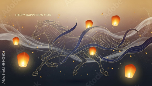 Elegant golden horse silhouette with flowing ribbons and sky lanterns symbolizing good fortune and new year celebration abstract background