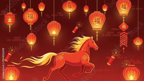 Vibrant Chinese New Year illustration featuring a running horse traditional red lanterns and firecrackers symbolizing good fortune and celebration
