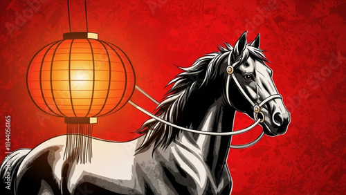 Majestic black horse pulling a glowing orange lantern symbolizing good fortune and celebration against a vibrant red background perfect for Lunar New Year themes