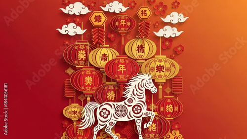Chinese New Year horse illustration with lanterns and firecrackers traditional festive decoration for celebration and prosperity paper cut style
