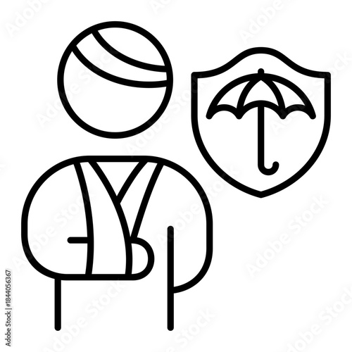 Accident Victim Health Insurance Coverage line icon. Symbolizing accident injury, long term disability, healthcare coverage, medical insurance, and financial protection for patients.