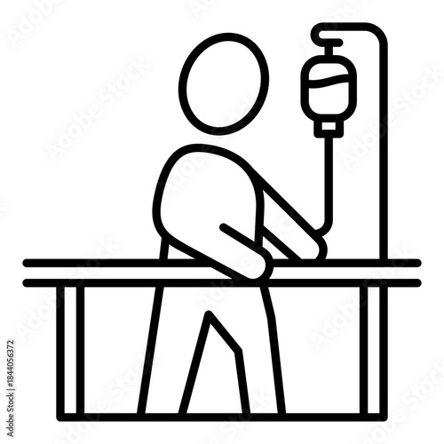 Patient Undergoing Rehabilitation Hospital Checkup at a Bench While Connected to an IV Drip line icon. Symbolizing hospital routine medical checkup, or minor in patient observation.