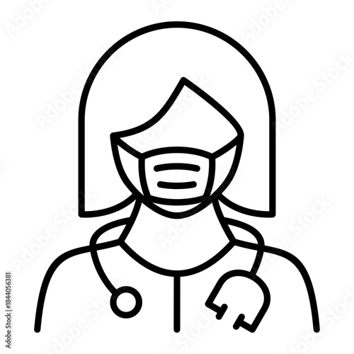 Female medical professional line icon, likely a surgeon specialist, representing specialized healthcare, operating room procedures, diagnostic service and medical consultation.