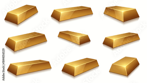 Nine gold bars collection on white background