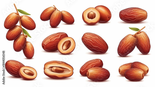 Collection of fresh dates fruit illustrations on white background