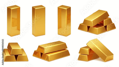 Collection of golden bars and ingots in various arrangements