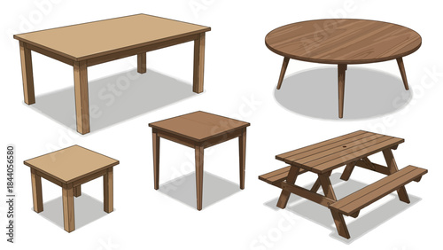 Collection of modern wooden tables in various shapes and sizes