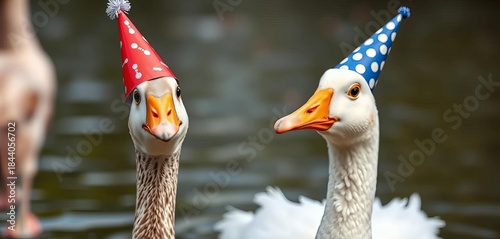Goose, silly, funny, party hat, celebration, humor, animal, bird, avian, waterfowl, comical, lighthearted, festive, avian, comical