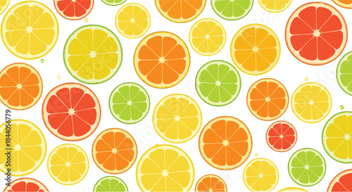 Vibrant seamless pattern with slices of fresh citrus fruits like lemons, limes, oranges, and grapefruits on a white background.
