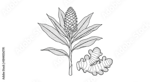 Detailed botanical illustration of a ginger plant (Zingiber officinale) featuring its characteristic flower and the culinary rhizome root used as a spice and herb.