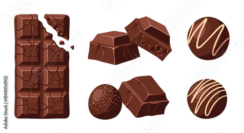 An appealing variety of chocolate, featuring a broken bar, irregular chunks, and beautifully decorated truffles on a clean white background.