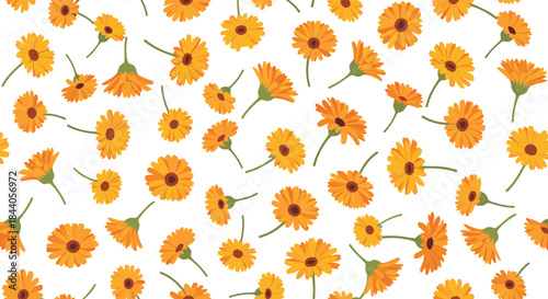 A vibrant seamless pattern featuring scattered orange calendula flowers and their green stems against a clean white background, ideal for various design projects.