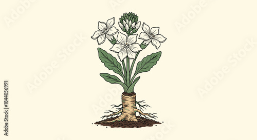 Botanical illustration of a stylized flowering plant with a prominent taproot and a cluster of white blossoms, growing from the soil.