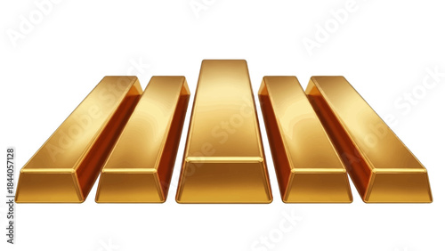 Shiny gold bars arranged neatly on white background