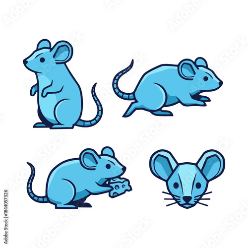 Isometric blue rats vector set for underground mining pest.