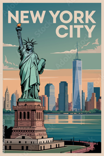 New York City Retro Travel Poster Mid Century Modern Vector Illustration