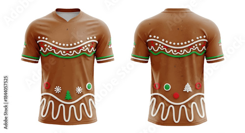 A brown short-sleeved t-shirt designed to resemble a gingerbread man, featuring white icing patterns, green and red festive decorations on both front and back.