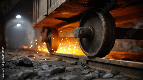 Inside a Dark Mining Cave with Iron Rails, Tram Wheels, and Sparking Movement from a Mining Cart