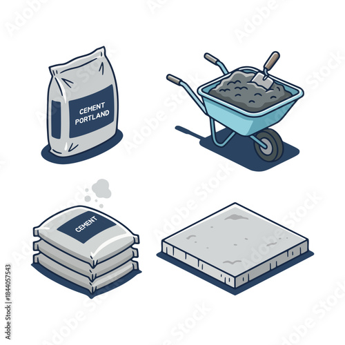 Isometric cement bags and trowel vector for mine construction.