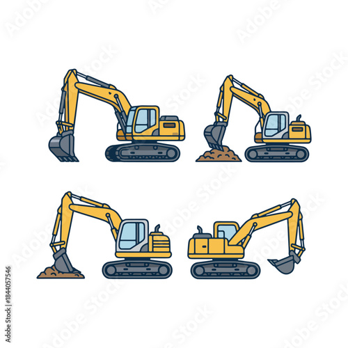 Isometric excavators and diggers vector set for heavy mining work.