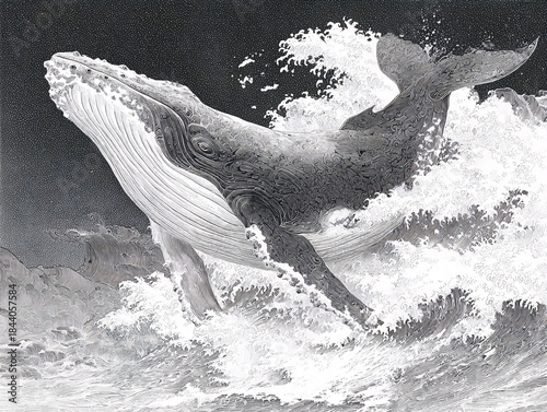  black and white illustration of a humpback whale breaching the ocean waves, with a large moon in the background. The whale has a textured, detailed texture, and is depicted in a dynamic pose