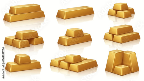 Collection of golden bars in various sizes and stacks