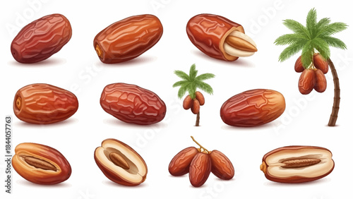 Collection of fresh dates and palm trees illustration