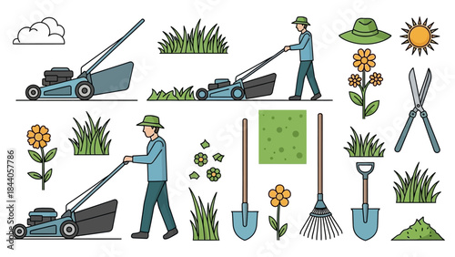 Lawn care illustrations with gardening tools and workers