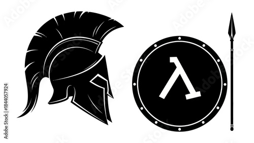 Ancient Greek warrior helmet shield and spear set