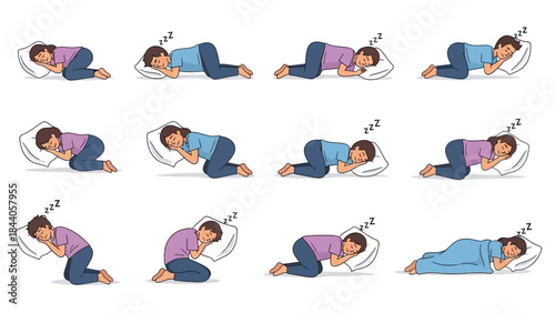 Woman sleeping in various positions with peaceful expressions