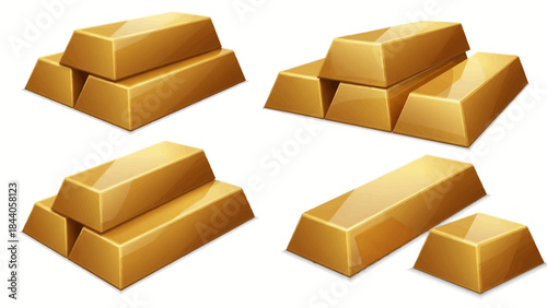 A collection of gold bars on a plain white background