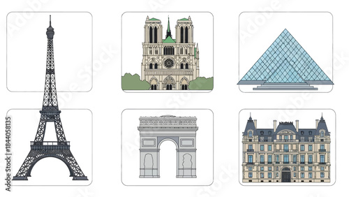 Paris landmarks illustrations collection