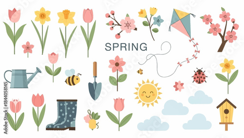 A colorful illustration of springtime with flowers, bees, and kites