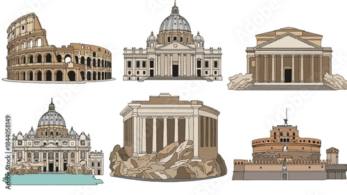 An illustration of famous landmarks and buildings in Rome Italy
