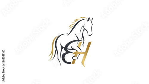 Elegant horse silhouette with intertwined initials EH luxury equestrian logo design suitable for branding and identity