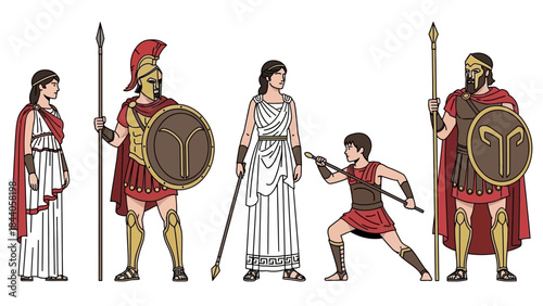 Ancient Greek warriors and civilians in traditional attire