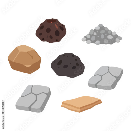 Isometric rock piles and debris vector set for mining site.