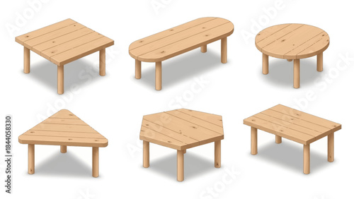 Six wooden tables in various shapes for modern furniture design