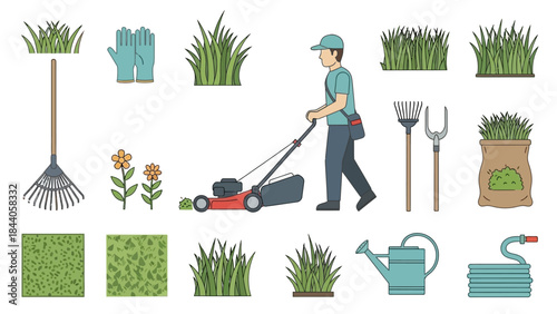 Man mowing lawn with gardening tools and supplies around him