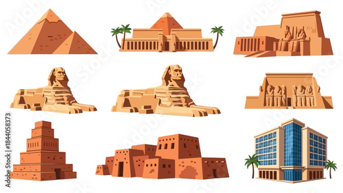 Ancient Egyptian landmarks and modern architecture illustrations set