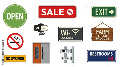 Collection of modern signs for business and public spaces