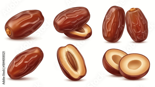 Detailed realistic dates fruit set with whole and halved pieces