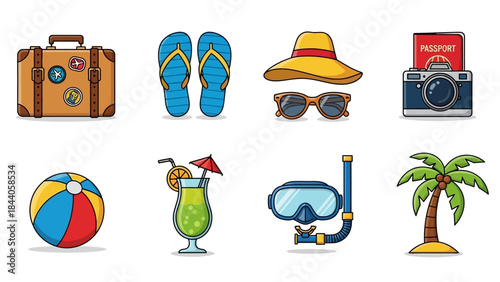 Vibrant summer vacation icons for travel and leisure designs