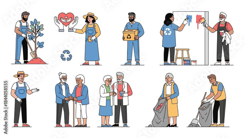 Diverse community volunteers helping together in various activities