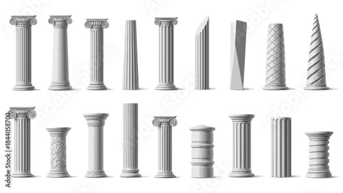 Collection of various white architectural columns and pillars