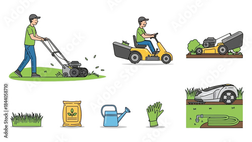 Lawn care and gardening tools with people on white background