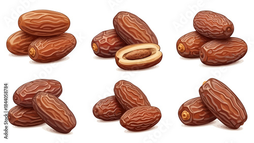 Assorted piles of fresh dates with one cut open showing pit